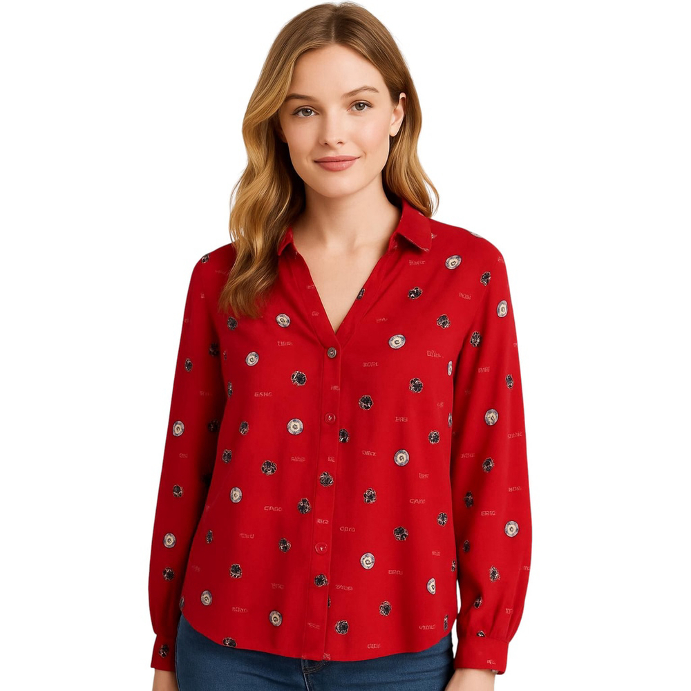 Yessica Popover Shirt Womens L Red Allover Clock Tick Tock Print Whimsy Blouse